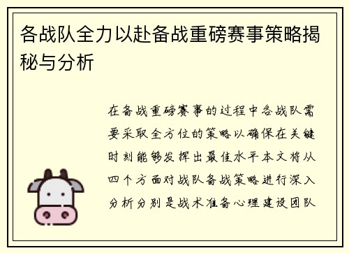 各战队全力以赴备战重磅赛事策略揭秘与分析