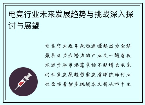 电竞行业未来发展趋势与挑战深入探讨与展望