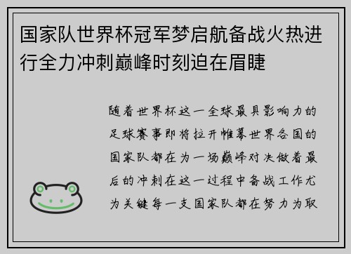 国家队世界杯冠军梦启航备战火热进行全力冲刺巅峰时刻迫在眉睫