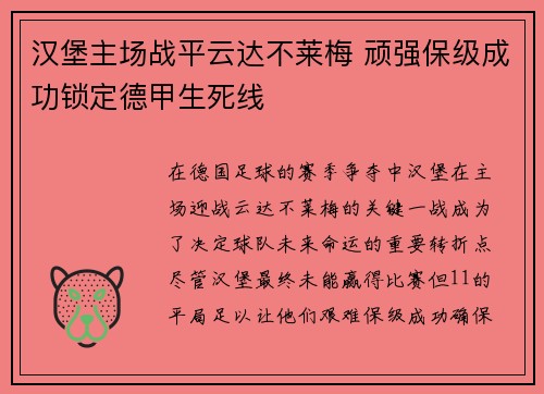 汉堡主场战平云达不莱梅 顽强保级成功锁定德甲生死线
