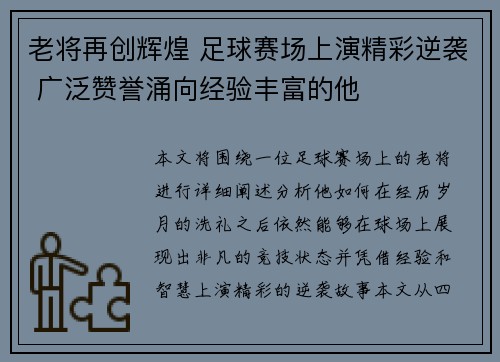 老将再创辉煌 足球赛场上演精彩逆袭 广泛赞誉涌向经验丰富的他