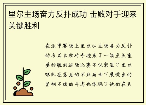 里尔主场奋力反扑成功 击败对手迎来关键胜利