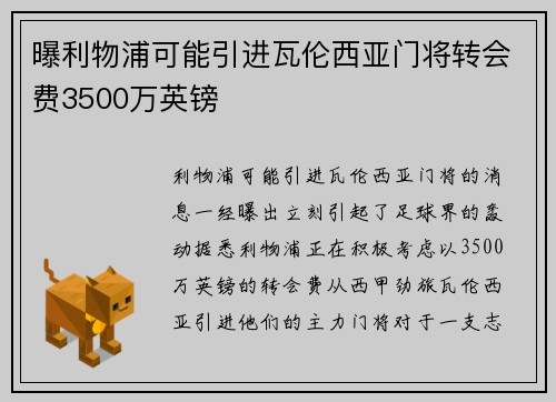 曝利物浦可能引进瓦伦西亚门将转会费3500万英镑