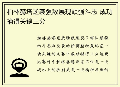 柏林赫塔逆袭强敌展现顽强斗志 成功摘得关键三分