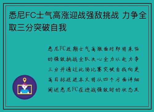 悉尼FC士气高涨迎战强敌挑战 力争全取三分突破自我