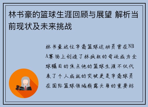 林书豪的篮球生涯回顾与展望 解析当前现状及未来挑战