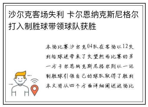 沙尔克客场失利 卡尔恩纳克斯尼格尔打入制胜球带领球队获胜