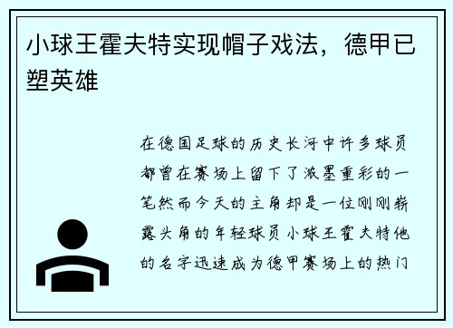 小球王霍夫特实现帽子戏法，德甲已塑英雄