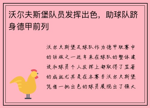 沃尔夫斯堡队员发挥出色，助球队跻身德甲前列