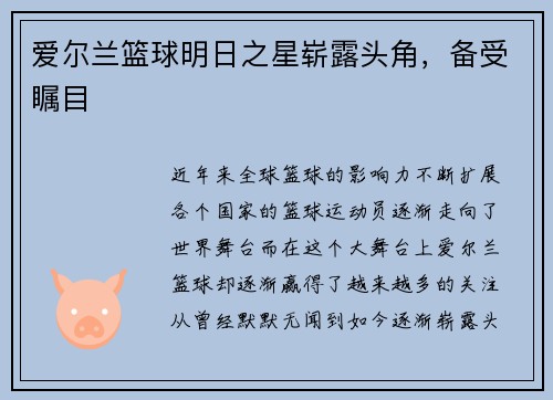 爱尔兰篮球明日之星崭露头角，备受瞩目