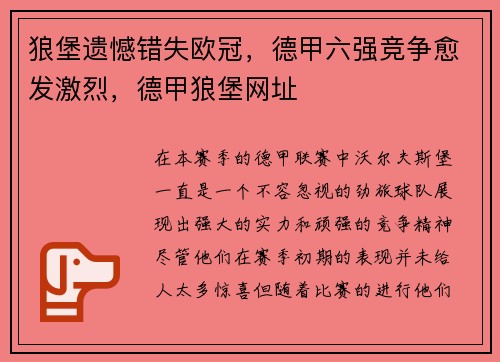 狼堡遗憾错失欧冠，德甲六强竞争愈发激烈，德甲狼堡网址