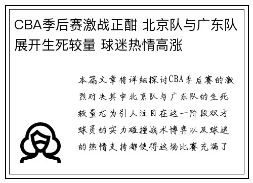 CBA季后赛激战正酣 北京队与广东队展开生死较量 球迷热情高涨